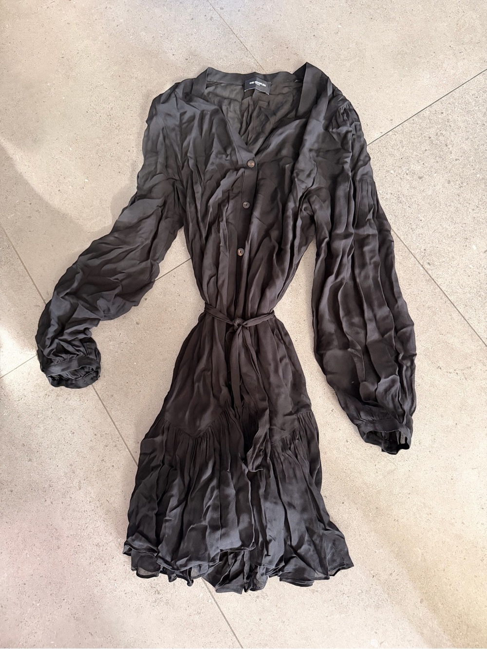 The Kooples Black Long-Sleeve Button Dress with Tie Waist